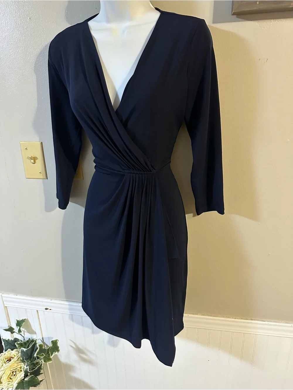 Michael Kors Navy Faux-Wrap Long Sleeve Dress